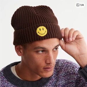 Brown Knit Beanie with Yellow Smiley